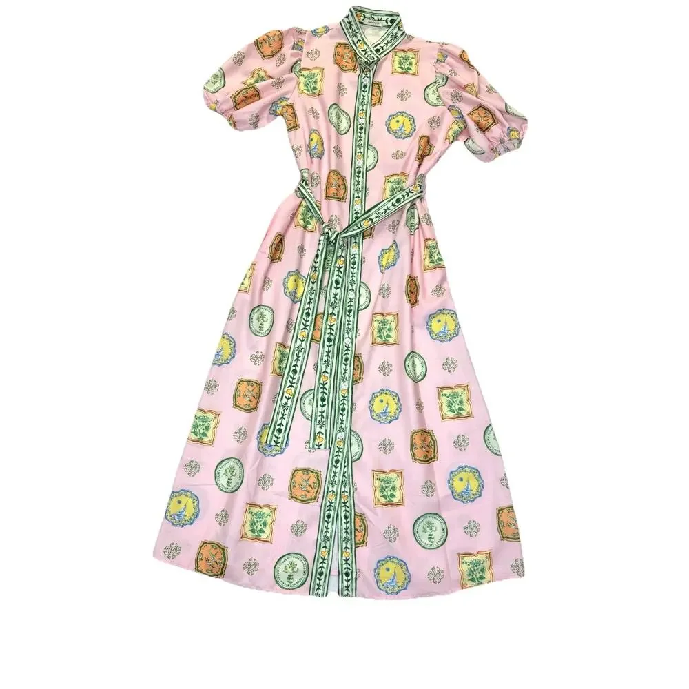 Sunday Up Linen Blend Shirt Dress Women’s Sz S Puff Sleeve Tie Waist Midi - Picture 2 of 11